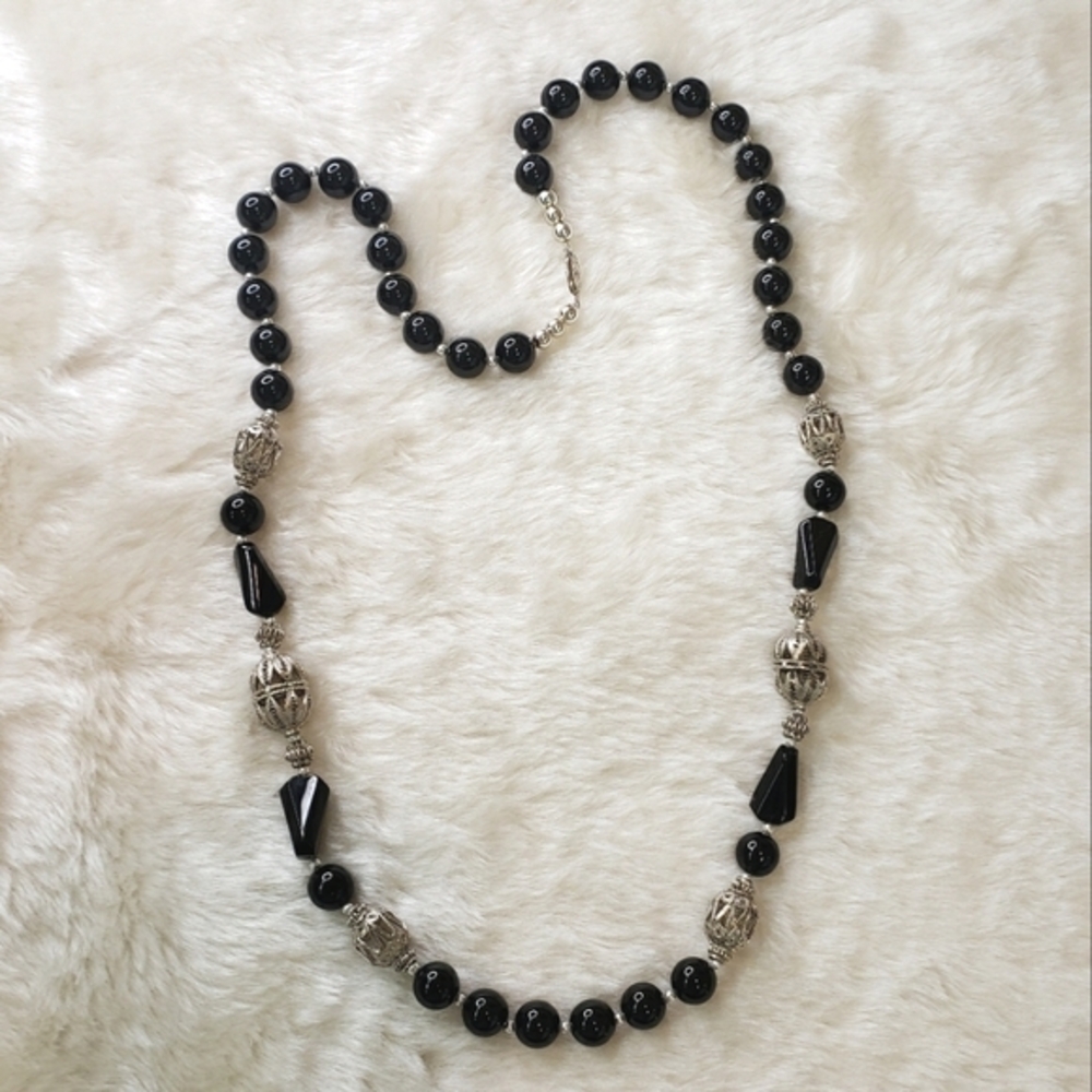 VINTAGE Black Onyx Ornate Silver Filigree Beaded Stone Necklace